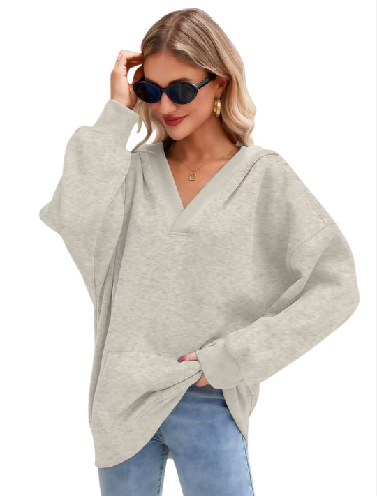 Damen Oversize V-Ausschnitt Hoodie mit Kapuze, Kängurutasche und verlängertem Saum Shop Nory