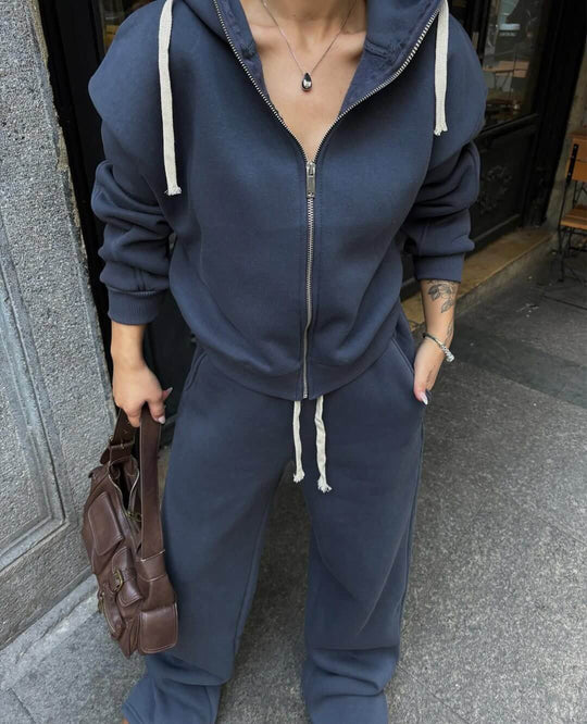 Damen Baumwoll-Mix Cropped Zip-Hoodie mit oversized Kapuze und High‑Waist Wide‑Leg Sweatpants Shop Nory