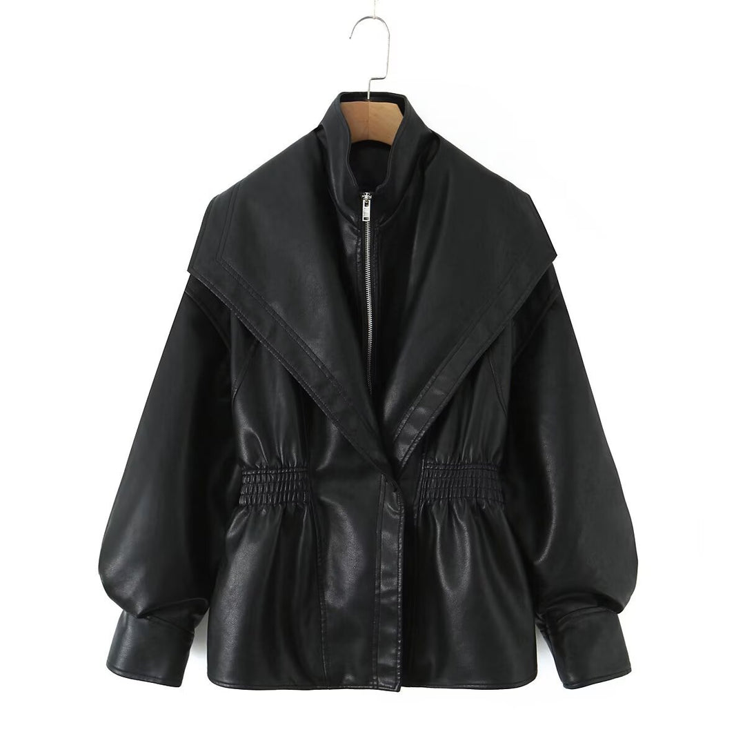 Damen Kunstlederjacke mit XXL-Schalkragen, Taillengummierung und Ballonärmeln Shop Nory