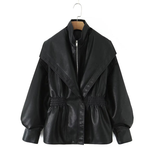 Damen Kunstlederjacke mit XXL-Schalkragen, Taillengummierung und Ballonärmeln Shop Nory