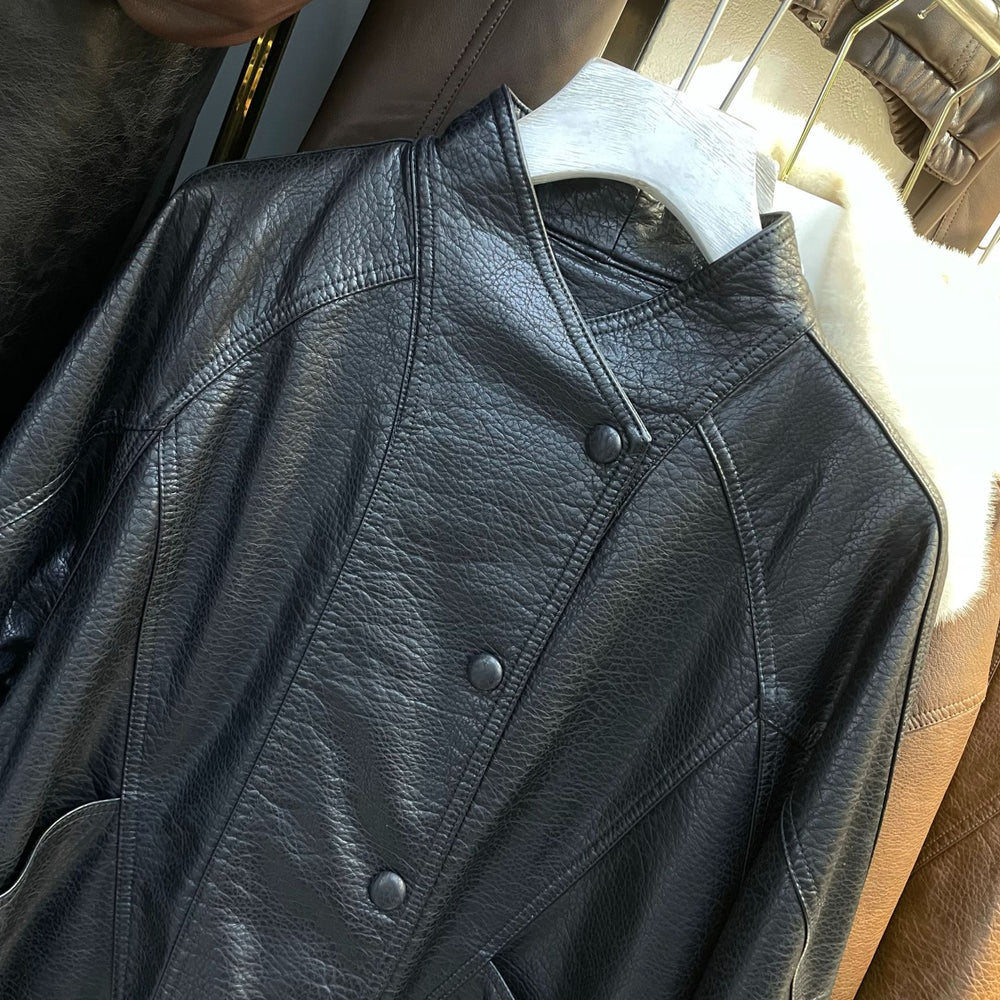 Damen Kurze Lederjacke mit strukturierter Narbung, Stehkragen und Tunnelzugbund Shop Nory