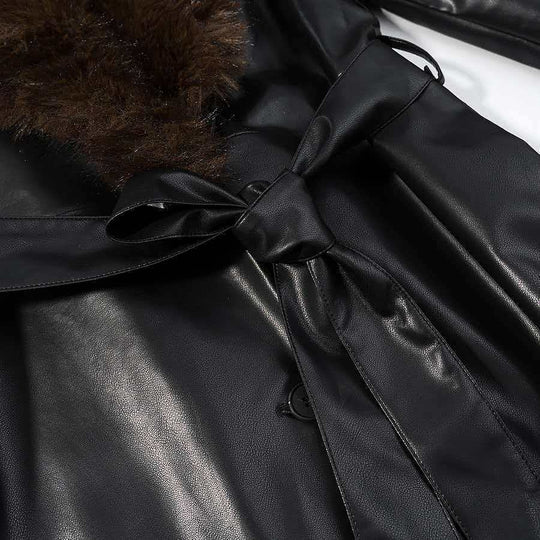 Damen Langer Ledermantel mit abnehmbarem Fellkragen und minimalistischer Silhouette Shop Nory