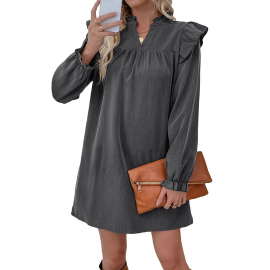 Damen Volant-Hemdkleid mit geraffter Passe, Stehkragen und elastischen Manschetten Shop Nory