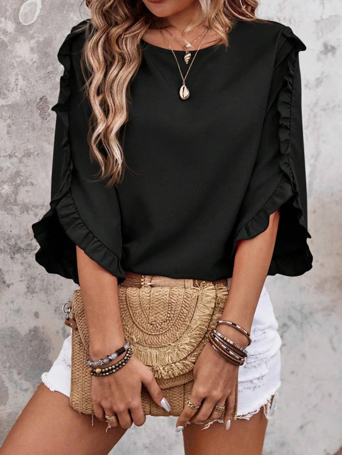 Damen Leichtes Rüschen‑Cape‑Top mit weitem Fledermausärmel Shop Nory