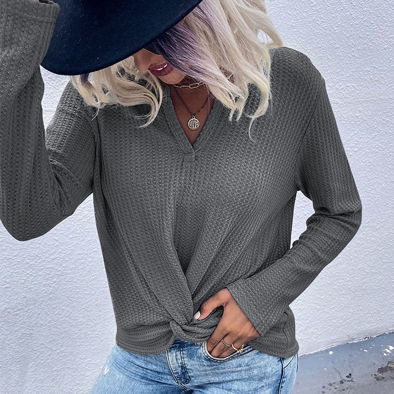 Damen Waffelstrick-Longsleeve mit V‑Ausschnitt und Knotenfront Shop Nory
