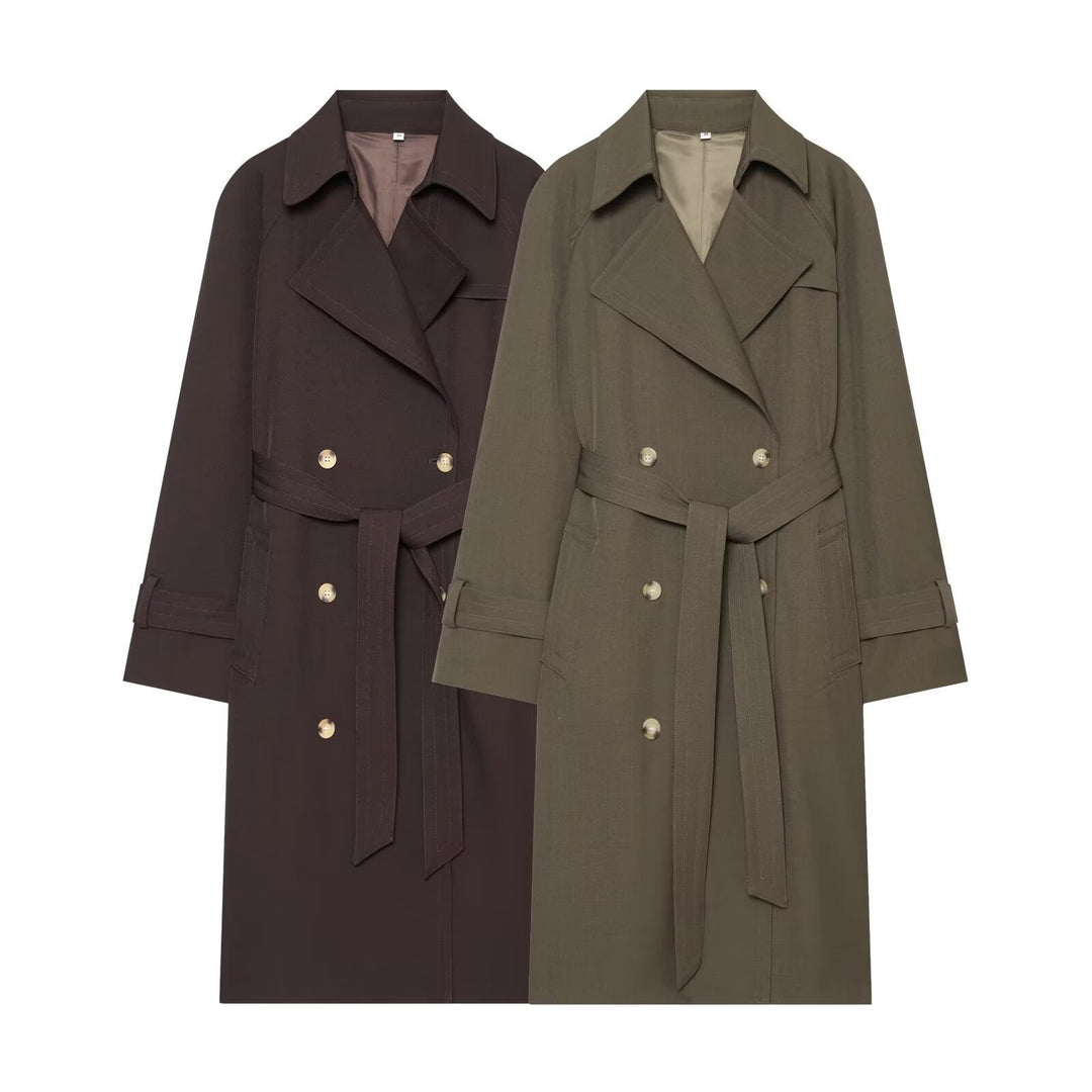 Damen Langer Doppelreihiger Trenchcoat mit Taillengürtel und Raglanärmeln Shop Nory