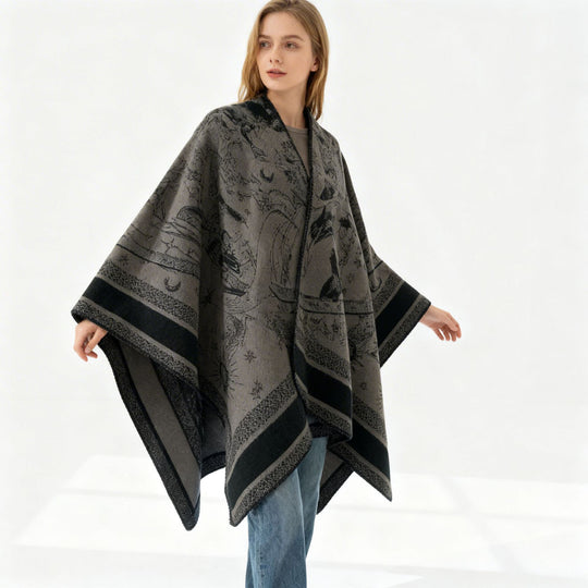 Damen Oversize-Jacquard-Capeponcho aus Wollmix mit V-Ausschnitt und himmlischem Motiv Shop Nory