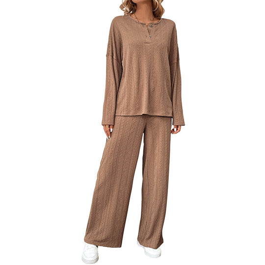 Damen Zweiteiliges Strick-Loungewear-Set mit Wide‑Leg-Hose und Henley-Oberteil Shop Nory