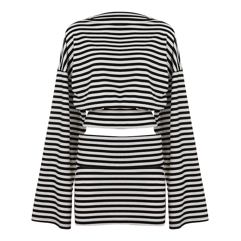 Damen nan gestreiftes Cut-Out-Longsleeve mit weitem Arm und taillierter Schichtung Shop Nory