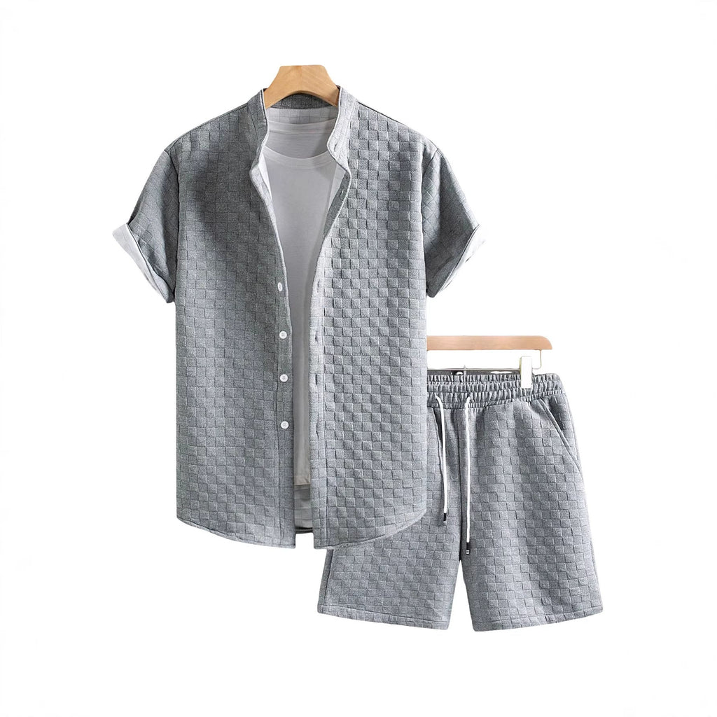 Herren nan zweiteiliges Sommerensemble mit Stehkragen-Hemdjacke und elastischen Komfort-Shorts in geprägter Karo-Textur