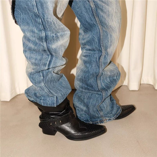 Damen Cowboystiefel mit spitzer Zehenpartie, Schlangenprägung und Nietenriemen Shop Nory