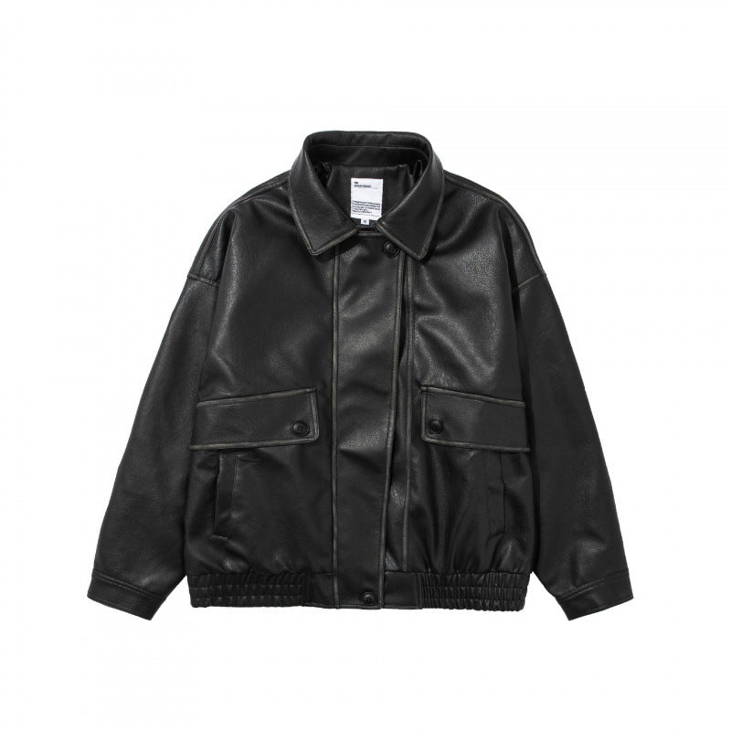 Unisex Kurz geschnittene Oversized Kunstleder-Blousonjacke mit Hemdkragen, Pattentaschen und elastischem Saum Shop Nory