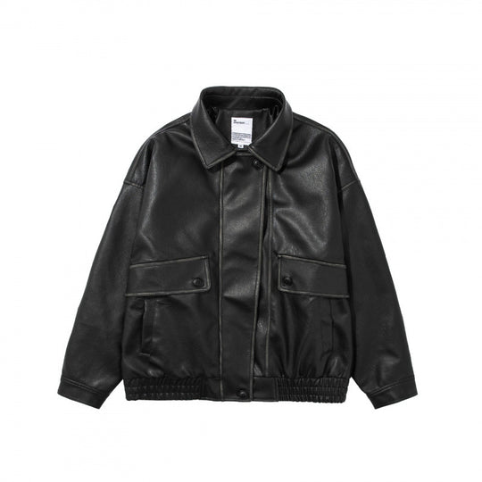 Unisex Kurz geschnittene Oversized Kunstleder-Blousonjacke mit Hemdkragen, Pattentaschen und elastischem Saum Shop Nory