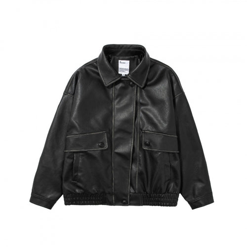 Unisex Kurz geschnittene Oversized Kunstleder-Blousonjacke mit Hemdkragen, Pattentaschen und elastischem Saum Shop Nory