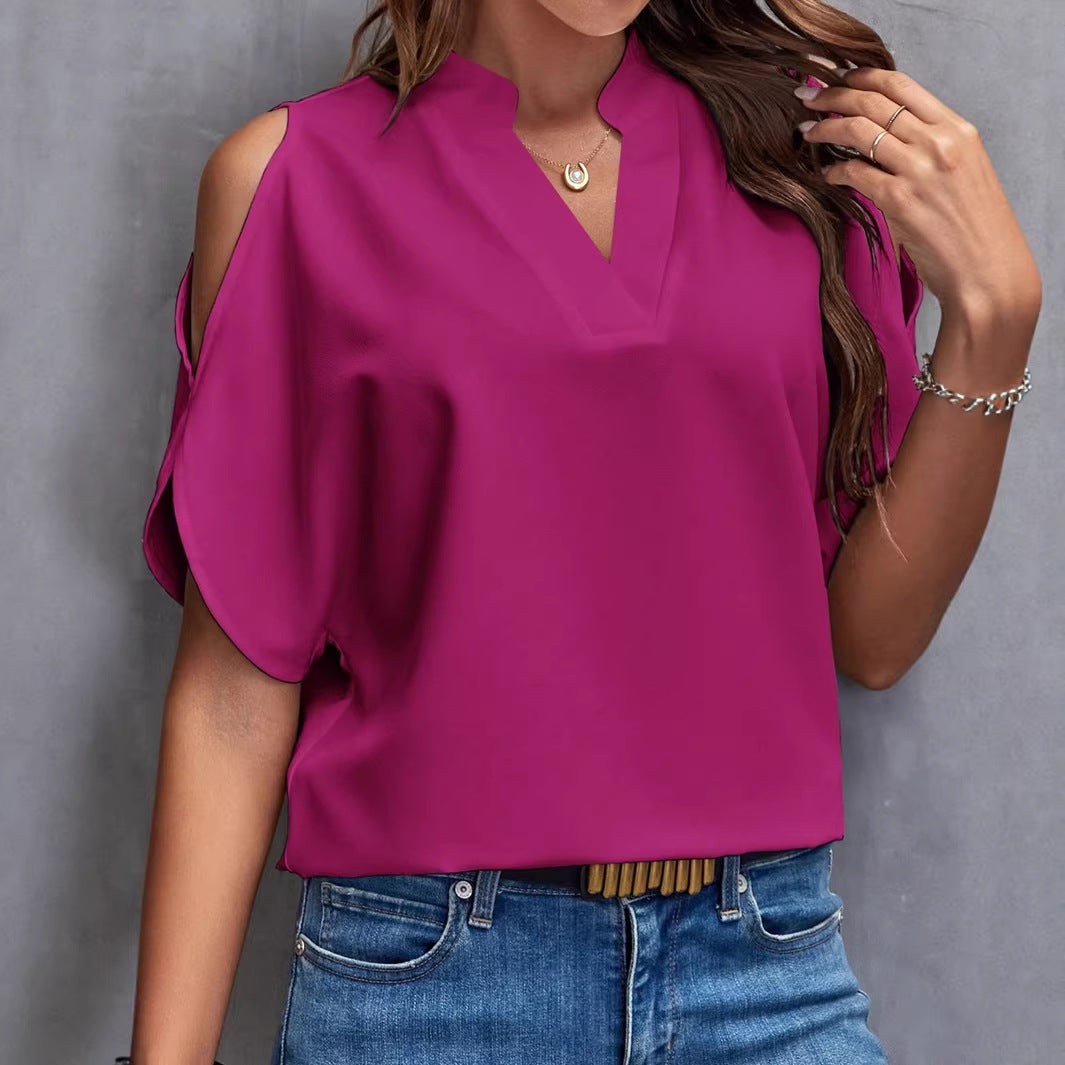 Damen Schulterfreie Chiffonbluse mit V-Ausschnitt und Stehkragen Shop Nory