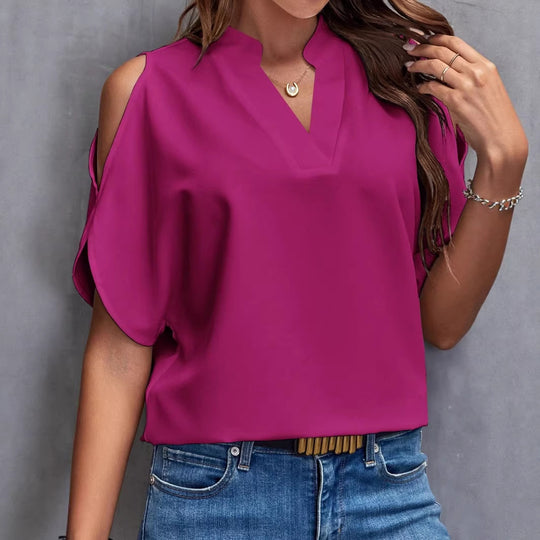 Damen Schulterfreie Chiffonbluse mit V-Ausschnitt und Stehkragen Shop Nory
