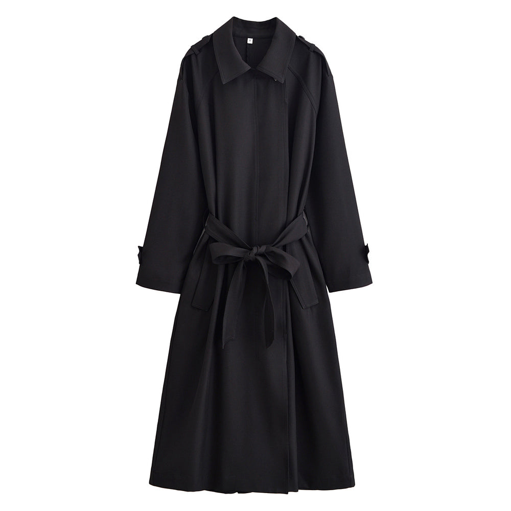 Damen Langer taillierbarer Trenchcoat mit Bindegürtel und Epauletten Shop Nory