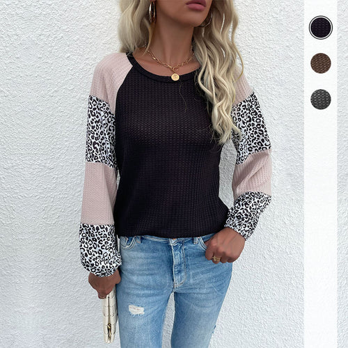 Damen Lässiges Waffelstrick-Shirt mit Raglanärmeln, Colorblock und Leo‑Einsätzen Shop Nory