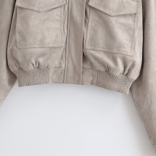 Damen Kurzblouson im Fieldstil aus Veloursleder-Optik mit Stehkragen, Schulterriegeln und breitem Rippbund Shop Nory