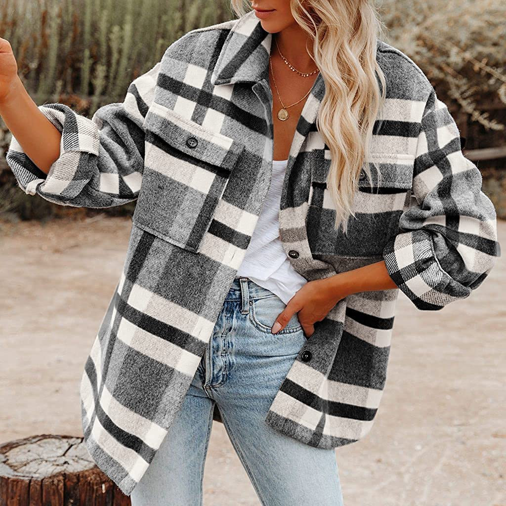 Damen Karierte Flanelljacke mit Lässigem Schnitt und Aufgesetzten Taschen