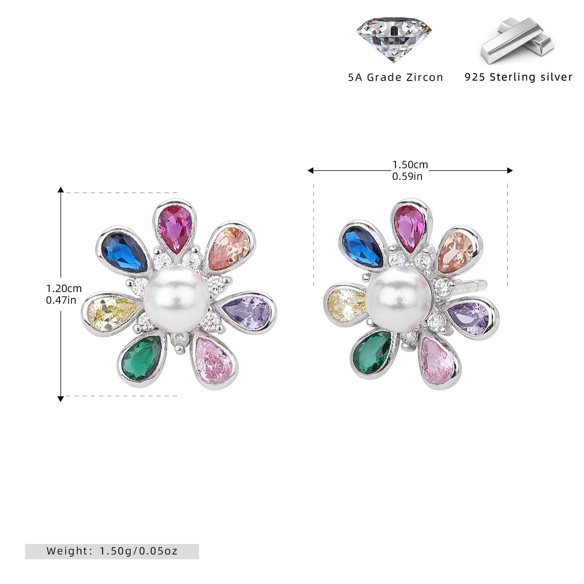 Damen Ohrstecker mit luxuriösem Blumenmotiv aus hochglänzendem 925 Sterling Silber und bunten Zirkonsteinen Shop Nory