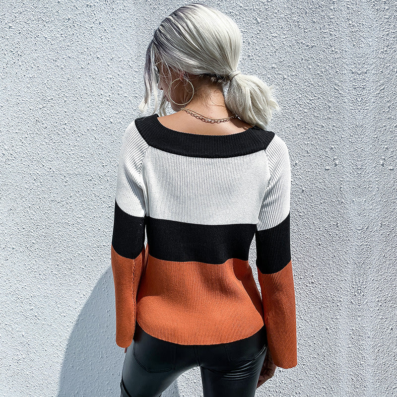 Damen Feinstrickpullover mit Blockstreifen, U-Boot-Ausschnitt und Glockenärmeln Shop Nory