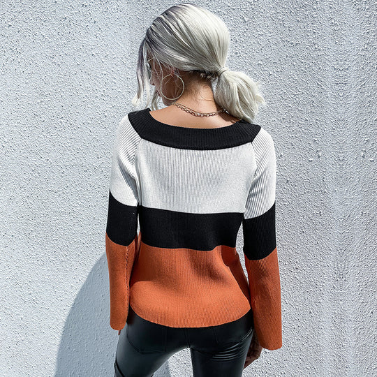 Damen Feinstrickpullover mit Blockstreifen, U-Boot-Ausschnitt und Glockenärmeln Shop Nory