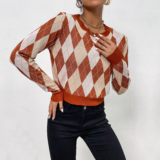 Damen Taillierter Kurzpullover im Rautenmuster mit Feinstrick und Rippbündchen Shop Nory
