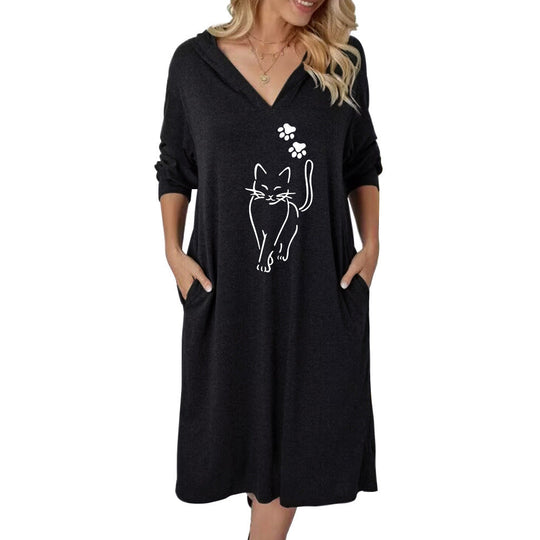 Damen Kapuzenkleid mit süßem Katzenmotiv und praktischen Taschen Shopnory