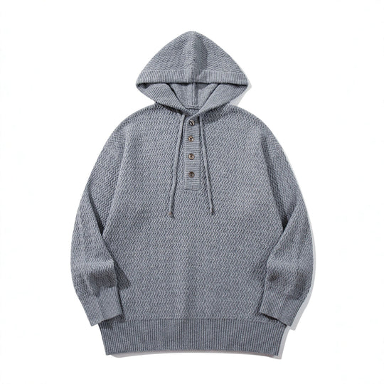 Unisex Strukturierter Kapuzen‑Strickpullover mit Henley‑Knopfleiste Shop Nory