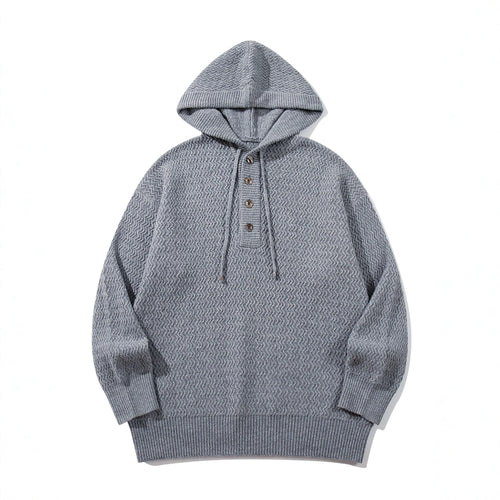 Unisex Strukturierter Kapuzen‑Strickpullover mit Henley‑Knopfleiste Shop Nory