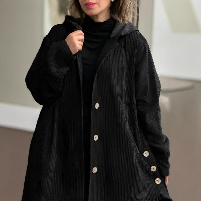 Damen Langer Kapuzen-Strickcardigan mit Rippenstruktur, Knopfleiste und Seitentaschen Shop Nory