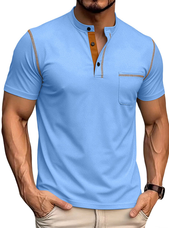 Herren nan kurzärmeliges Henley-Shirt mit Stehkragen, Brusttasche und kontrastierenden Ziernähten