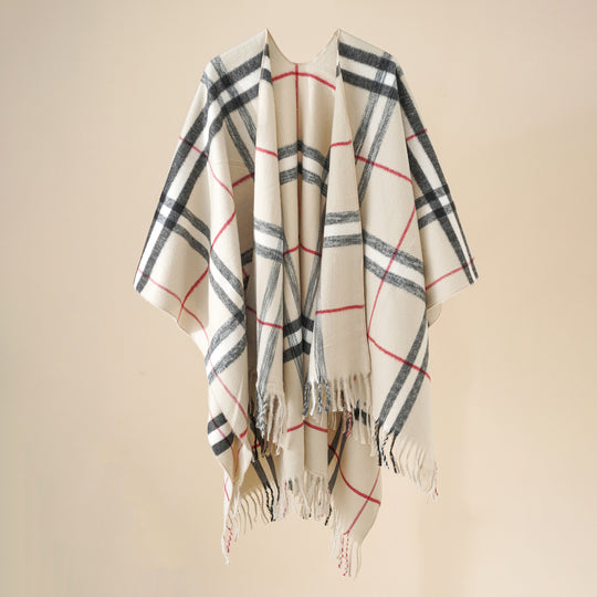 Damen Weit geschnittener Karierter Poncho mit Fransen und V‑Ausschnitt Shop Nory