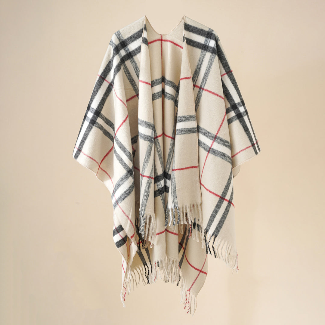 Damen Wollmix-Poncho mit Karomuster und Fransen Shop Nory