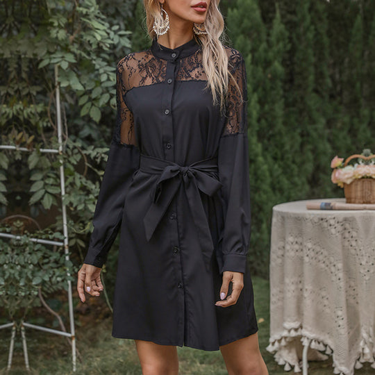 Damen Hemdblusenkleid mit Spitzenpassé, Taillengürtel und A-Linien-Schnitt Shop Nory