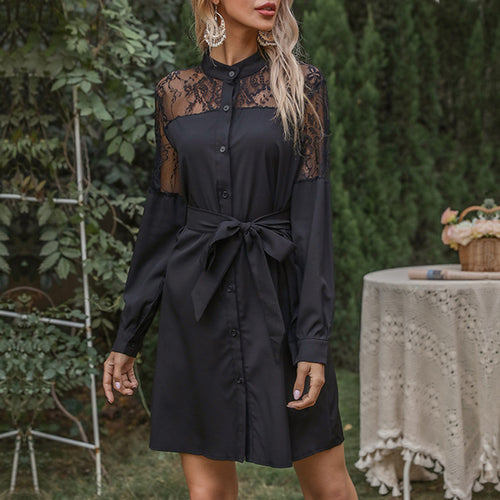 Damen Hemdblusenkleid mit Spitzenpassé, Taillengürtel und A-Linien-Schnitt Shop Nory
