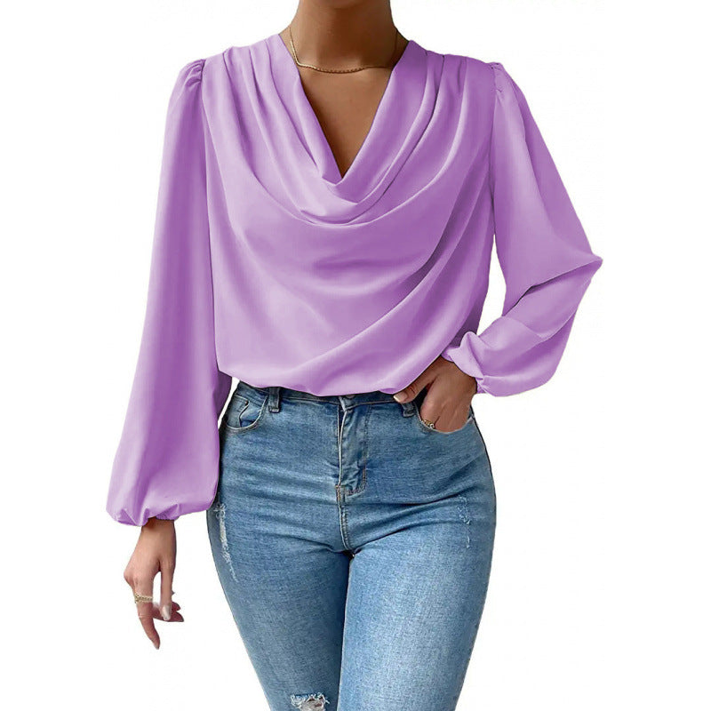 Damen elegante Bluse mit asymmetrischem Halsansatz und langen Ärmeln