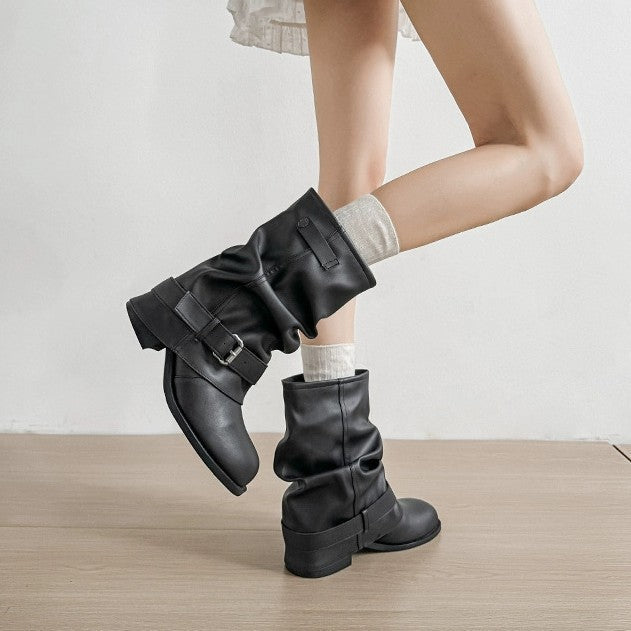 Damen Modische Stiefeletten mit lässigem Falten-Design und eleganter Schnallenverzierung Shopnory