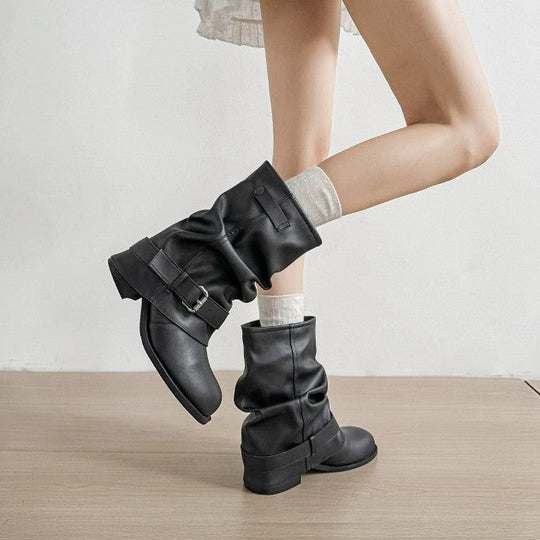 Damen Modische Stiefeletten mit lässigem Falten-Design und eleganter Schnallenverzierung Shopnory