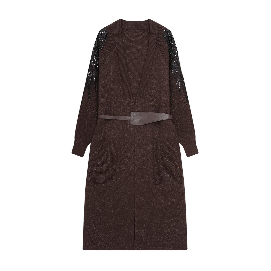 Damen Strick-Midikleid mit tiefem V-Ausschnitt, Taillengürtel und paillettenverzierten Ärmeln Shop Nory