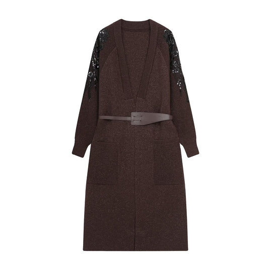 Damen Strick-Midikleid mit tiefem V-Ausschnitt, Taillengürtel und paillettenverzierten Ärmeln Shop Nory