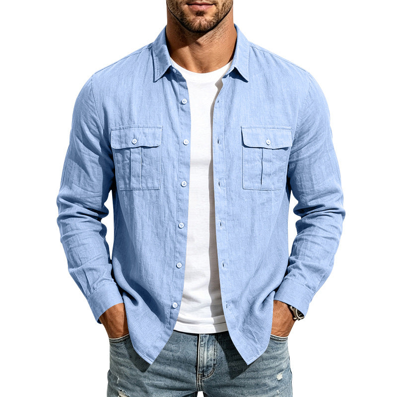Herren lässiges Langarm-Leinenhemd mit Brusttaschen Shop Nory