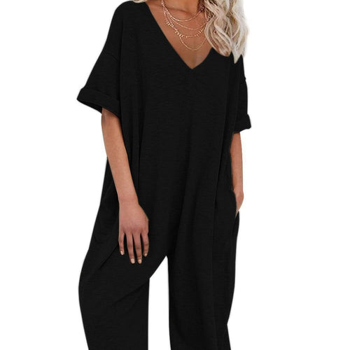 Damen Oversized Jumpsuit mit tiefem V-Ausschnitt und lässigen Taschen