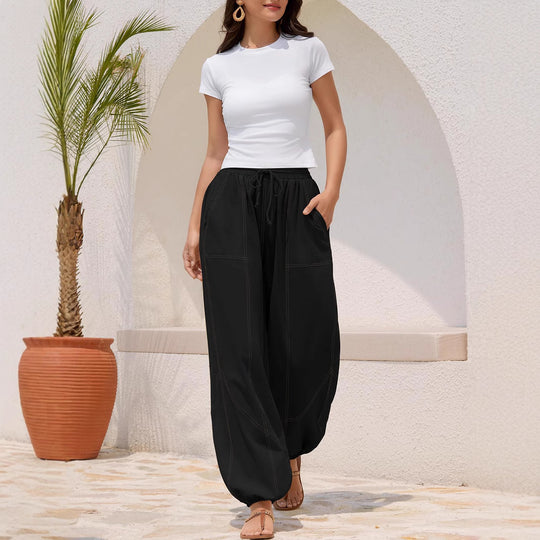 Damen Weite Haremhose mit Kordelzug, aufgesetzten Taschen und elastischem Knöchelabschluss Shop Nory