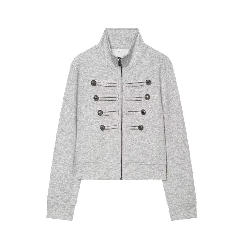 Damen Kurze Sweatjacke im Military-Stil mit Stehkragen und Zierknopfdetails Shop Nory