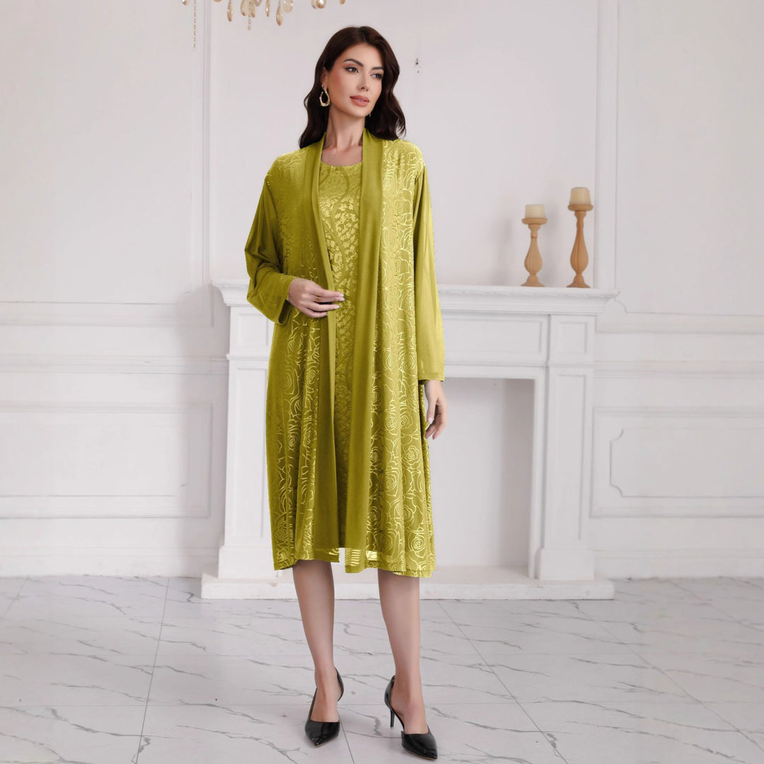 Damen Zweiteiliges Midikleid-Set mit floralem Jacquard-Overlay und offenem Mantel Shop Nory