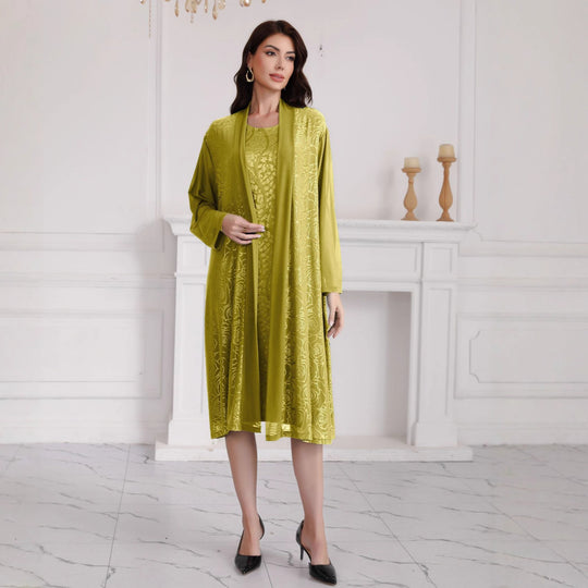 Damen Zweiteiliges Midikleid-Set mit floralem Jacquard-Overlay und offenem Mantel Shop Nory