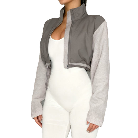 Damen nan kurzes Fleece-Zipjacke mit Stehkragen, Tunnelzugsaum und Brusttasche Shop Nory