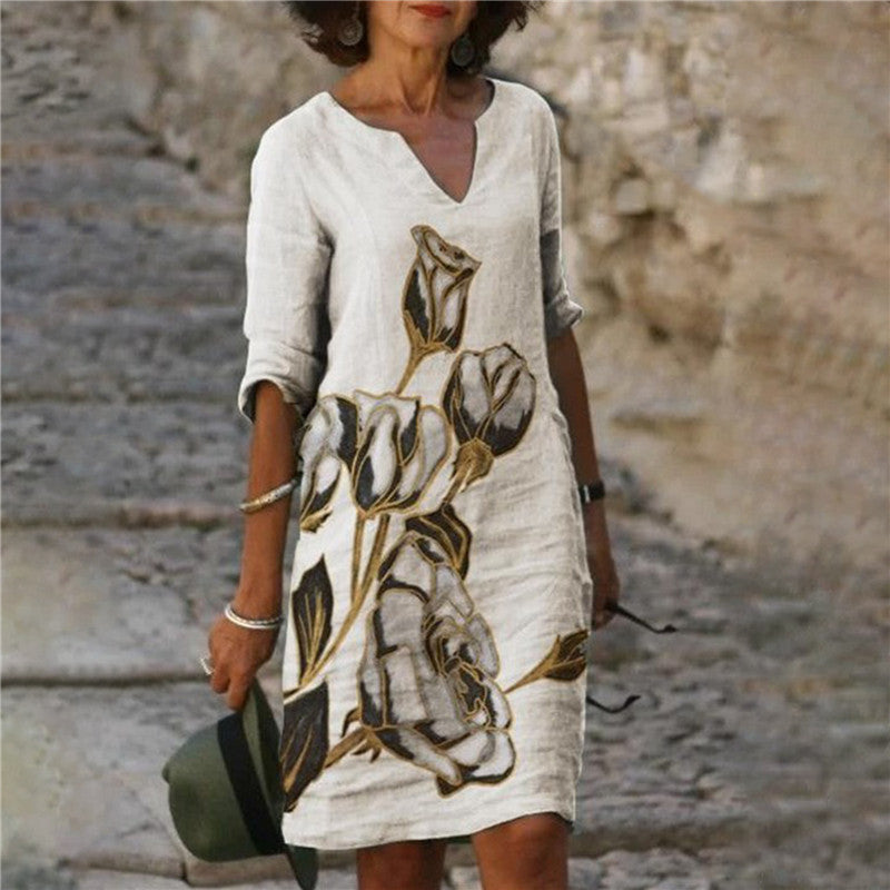 Damen Freizeitkleid mit floralem Design und V-Ausschnitt